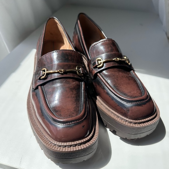 Sam Edelman (6.5) Laurs Brown Patent Leather Lug Sole Loafer- Gold Horsebit - Picture 1 of 11